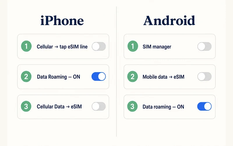 Settings path to turn on data roaming and set the eSIM as the data line on iPhone and Android
