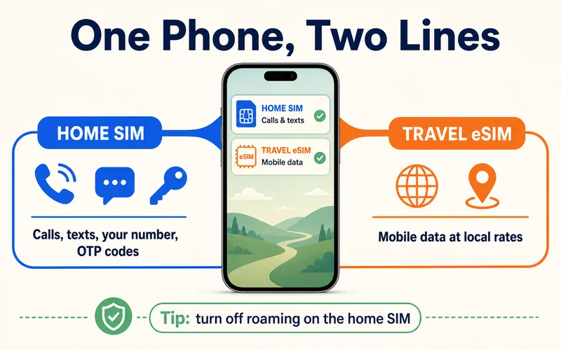 One phone running a home SIM and a travel eSIM