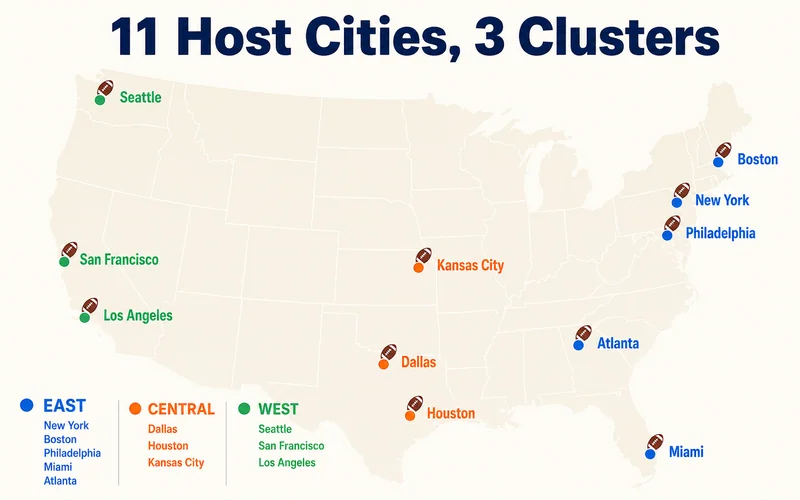 The 11 US World Cup host cities grouped into three regions