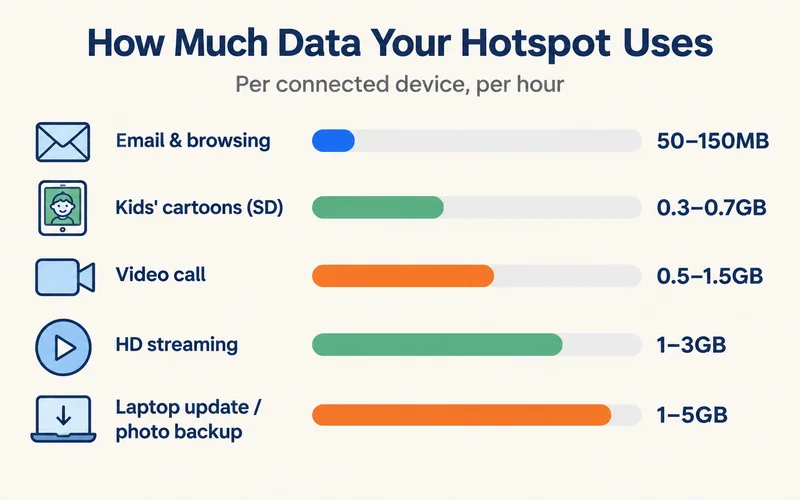 How much data a phone hotspot uses per hour by activity
