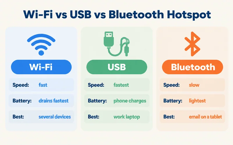 Wi-Fi, USB and Bluetooth hotspot compared for speed and battery