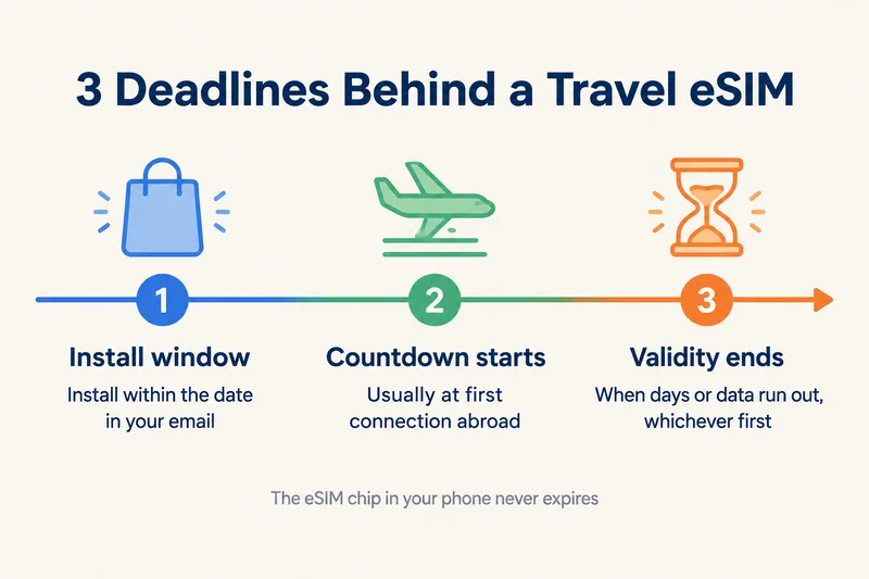 The three deadlines behind a travel eSIM: install window, countdown start, validity