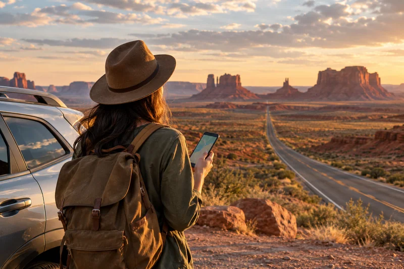 Traveler using a USA eSIM on a road trip in the Southwest