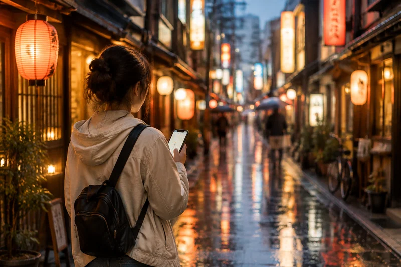 Pengembara menggunakan eSIM Jepun untuk mencari arah di jalan Tokyo pada waktu senja