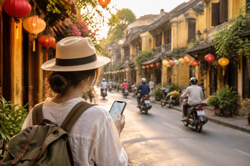 Traveler checking a Vietnam eSIM map on a lantern-lit street in Hoi An