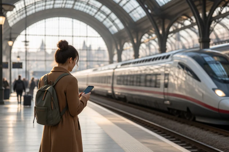 Pengembara menggunakan eSIM Eropah di platform kereta api