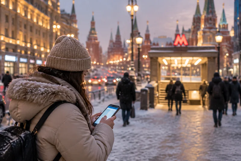 Traveler using a navigation app near a Moscow metro entrance