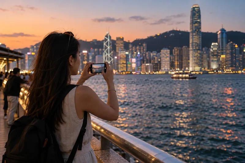 Traveler photographing the Hong Kong skyline, where YouTube works without restrictions