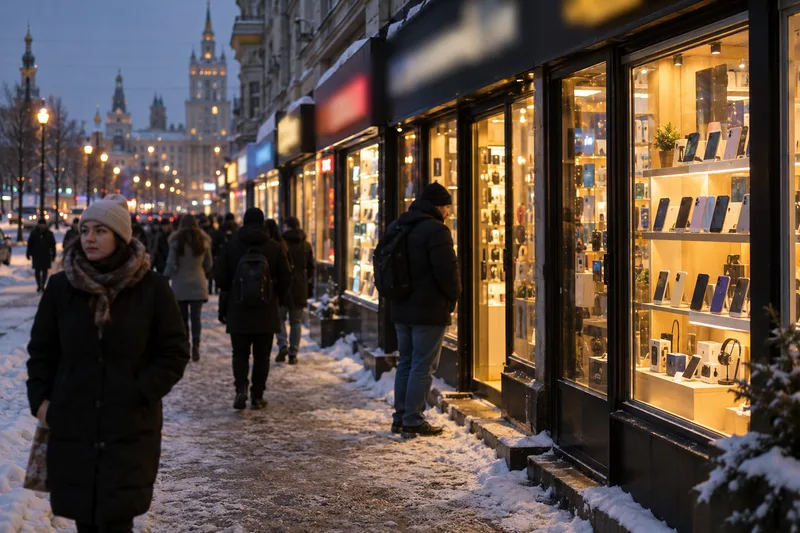 Mobile phone shops on a snowy Moscow street