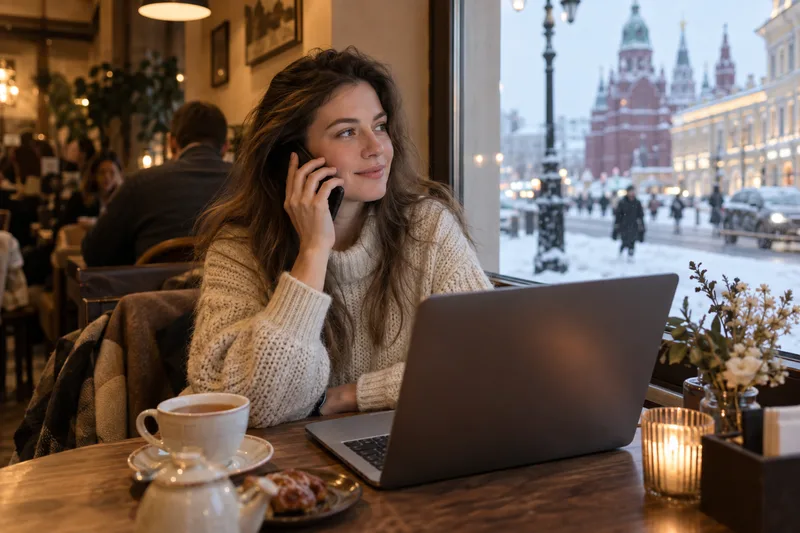Traveler making an ordinary phone call in a Moscow café