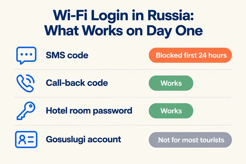 Which Wi-Fi login methods work for a foreign phone in Russia on day one